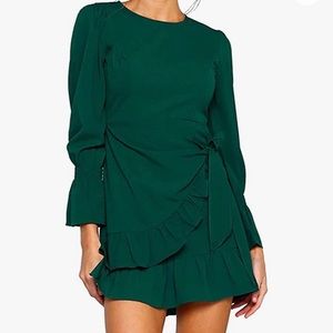 Womens Long Sleeve Round Neck Ruffles Wrap Dresses Party Dress